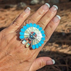 Zuni Ring Native American Sterling Silver Turquoise Sun face Kachina sz 6.5US***